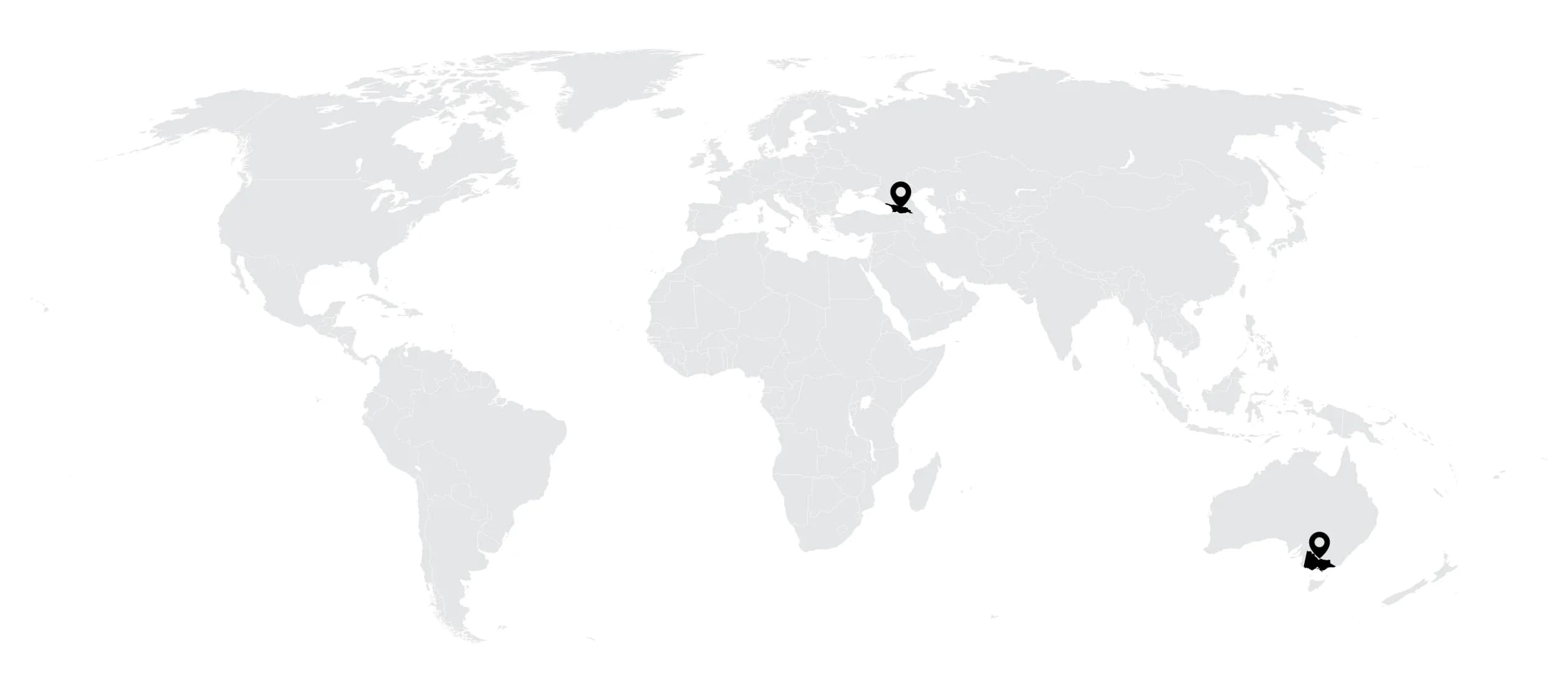 World map marking the Wei Yap Architects offices in Tbilisi, Georgia and Melbourne, Australia